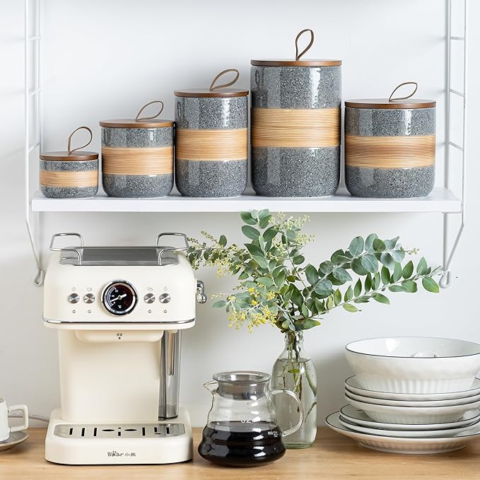 Miamolo Small Ceramic Jar with Lid, Coffee Container, Coffee Canisters with Airtight Lids Kitchen Food Storage Jars for Spice Sugar Tea Bag, Mini Decorative Jars for Countertop, Grey & 5 fl.oz