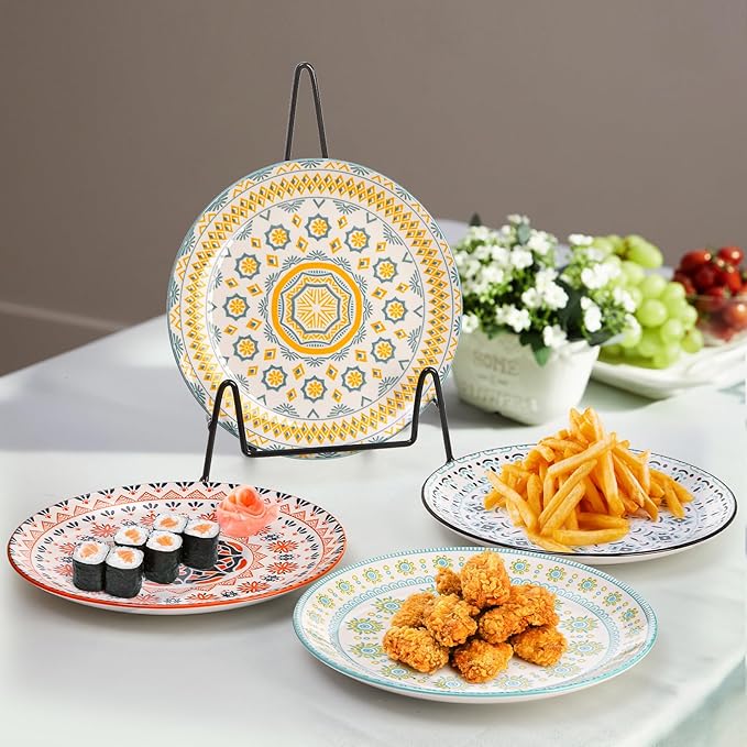 Foraineam 8 Pieces 8 Inch Round Porcelain Salad Plates, Decorative Appetizer Plates Dessert Dishes, Colorful Floral Serving Dishes for Luncheon, Steak, Fruit, Snack, Microwave and Dishwasher Safe