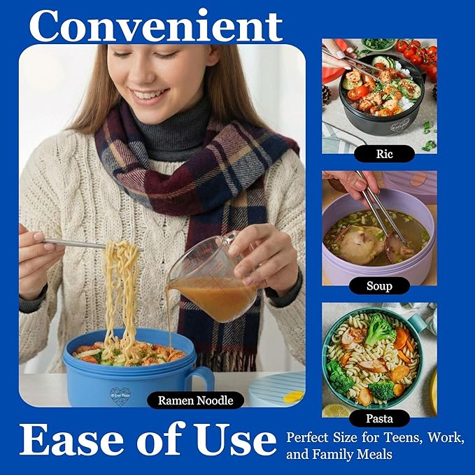 AI LOVE PEACE Ramen Bowl, 40 oz Microwaveable Noodle Cooker for Ramen, Pho, Soup, and Pasta, Dishwasher Safe and Portable, Ideal for Home, Office, Dorm, or Gift (Blue)