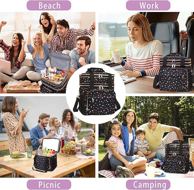 GLENKEY Tactical Lunch Box Cooler Bag - Expandable Insulated Lunch Bag for Men Women - Large Lunchbox for Adults Work Shifts Outdoor Trips Polka Dots 16L