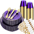 Bestluck 350 PCS Purple and Gold Plastic Plates, Disposable Dinnerware Set for 50 Guests, 100 Disposable Plates, 150 Silverwares, 50 Cups, 50 Napkins for Party, Wedding, Graduation