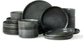 Famiware Star 18-Piece Reactive Glaze Plates and Bowls Sets, Service for 6 - Stoneware Dinnerware with Trim, Modern Rustic Dishes, Chip & Scratch Resistant, Microwave & Dishwasher Safe, Deep Forest