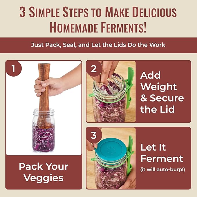 Basic Fermentation Kit for Wide Mouth Mason Jars - 6 Pack Silicone Fermenting Lids, Waterless Airlock Fermentation Tops for Pickles, Kimchi, Fermented Probiotic Food - Weights NOT Included