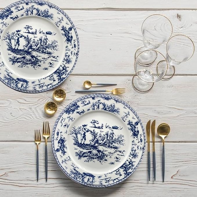W&S CLASSICS Classic French Luxury Round Dinner Plates | 10.5 Inches Colorful Ceramic Flat Plates – Set of 6| Large Serving Plates for Party | Dishes for Appetizer, Salad, Desert, Steak (Blue)