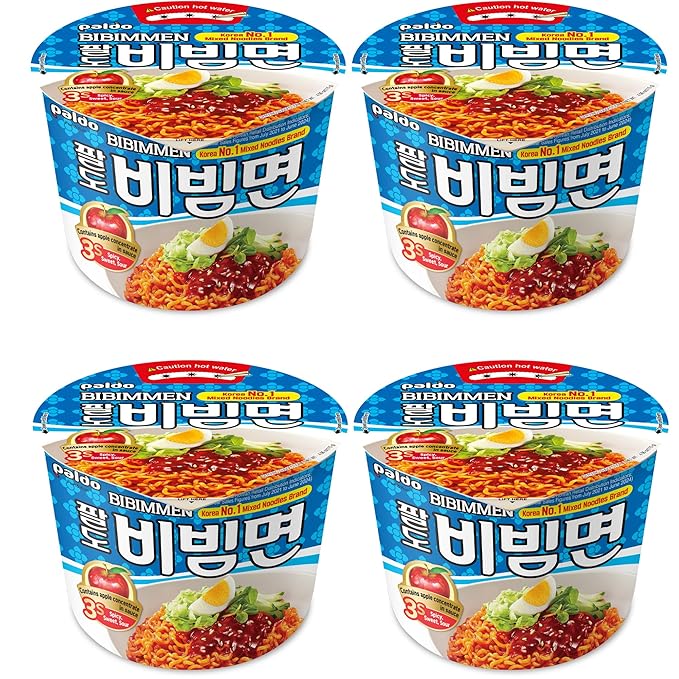 Paldo Fun & Yum Bibimmen Instant Cold Cup Noodles, Brothless Cold Ramen with Sweet & Spicy Seasoning Sauce, Best Oriental Style Korean Ramyun, Soupless K-Food 4.06oz (Pack of 4)