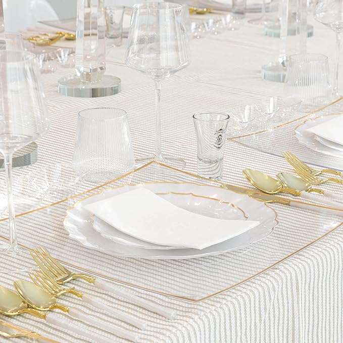PLASTICPRO 48 Piece Aristocratic Combo Plastic Dinner Plates Disposable Plastic Fancy Heavy Duty Party Dishes 24, 7'' inch and 24, 10'' inch, Pearl White With Gold Rim
