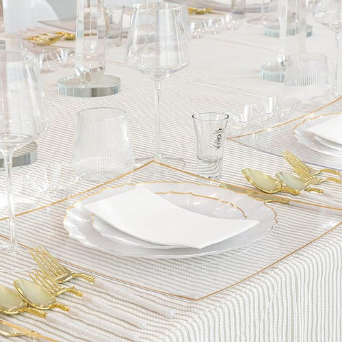 PLASTICPRO 48 Piece Aristocratic Combo Plastic Dinner Plates Disposable Plastic Fancy Heavy Duty Party Dishes 24, 7'' inch and 24, 10'' inch, Pearl White With Gold Rim