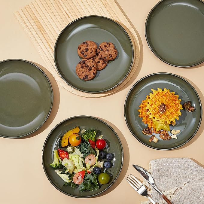 Pokini 8 Inch Ceramic Plates Set, Microwave Safe Plates, Kitchen Serving Dishes, Scratch Resistant and Dishwasher Safe, Blackish Green
