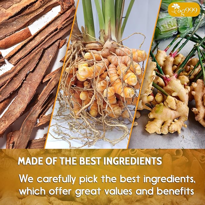 TOG999, 60 Bags Premium Turmeric Ginger Cinnamon Tea, Improve Digestion, Support Brain, Weight, Skin and Sleep, Eco-Conscious Tea Bags and Premium Natural Ingredients. Turmeric Ginger Herbal Tea. No Sugar, No Caffeine, No Gluten, Vegan.