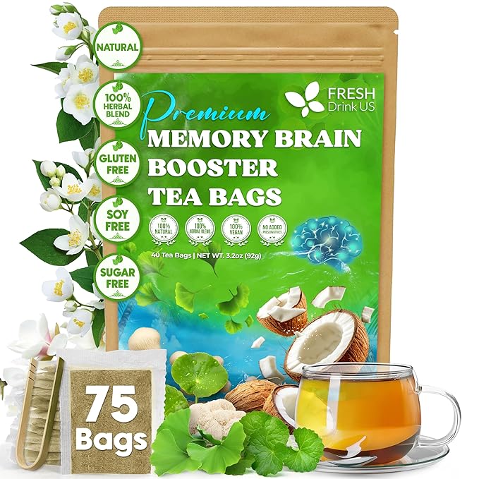 FreshDrinkUS, Memory Brain Booster Tea Bags | 75 Count | Ginkgo Biloba, Gotu Kola, Lion’s Mane Mushroom, MCT Coconut Oil | Herbal Blend Tea Bags | Naturally Flavorful, No Additives, Caffeine-Free