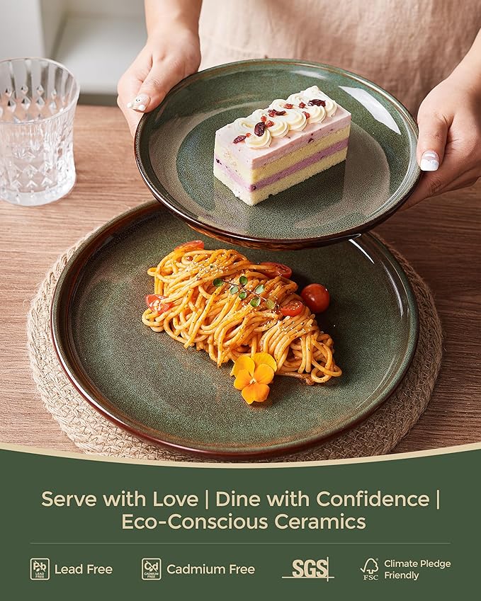 Pokini Stoneware Dinnerware Sets Service for 4, 12 pcs Reactive Glaze Plates and Bowls Sets, Handmade Ceramic Dish Set, Highly Chip and Crack Resistant Modern Plate Set, Brown Green
