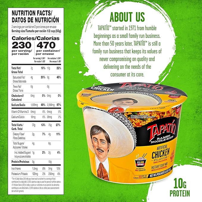 Tapatío Ramen Noodle Soup, Chicken Flavored - Microwaveable Big Bowl, 3.88 oz. (110g), 6-Pack