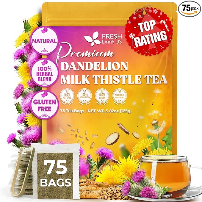 FreshDrinkUS, Premium Dandelion Milk Thistle Herbal Tea | 75 Tea Bags | Herbal Blend with Dandelion Root & Milk Thistle Seed – Clean Plant-Based Daily Tea, Naturally Caffeine Free. Sugar Free. Vegan