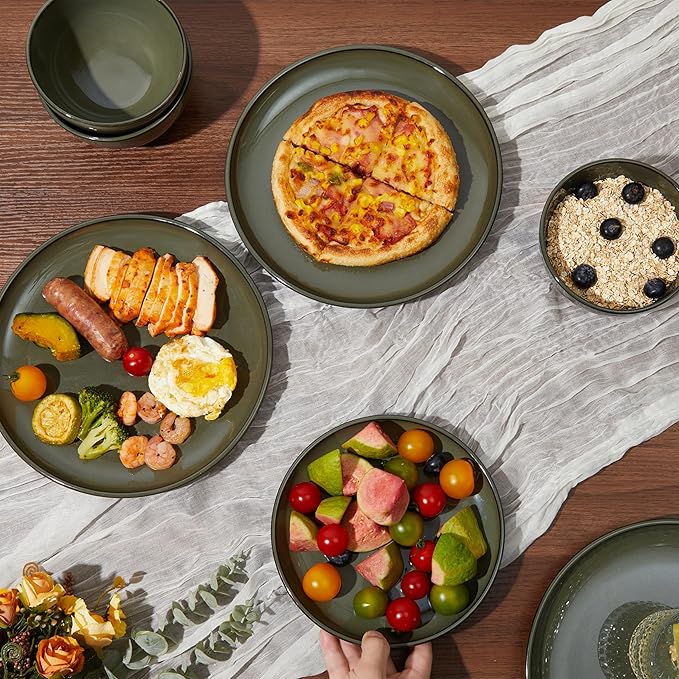 Pokini Ceramic Plate Set 10 Inch, Terracotta Dinner Plates of 6, Microwave Safe Plate, Large Serving Plates for for Salad Pasta Steak, Blackish Green
