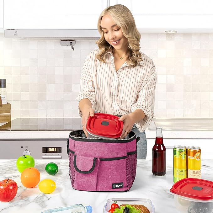 opux Insulated Lunch Box for Men Women Kids, Leakproof Reusable Lunch Bag Cooler for Work School Office, Soft Thermal Lunchbox Tote Shoulder Strap for Boys Girls Adults, Heather Pink, 18 Can/10L