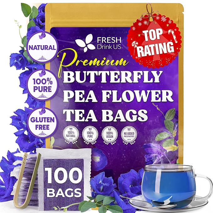 FreshDrinkUS, Premium 100 Blue Butterfly Pea Flowers Tea Bags, 100% Natural and Pure from Butterfly Pea Flowers, Made With Natural Material Tea Bag, No Sugar, No Caffeine, No Gluten, Vegan
