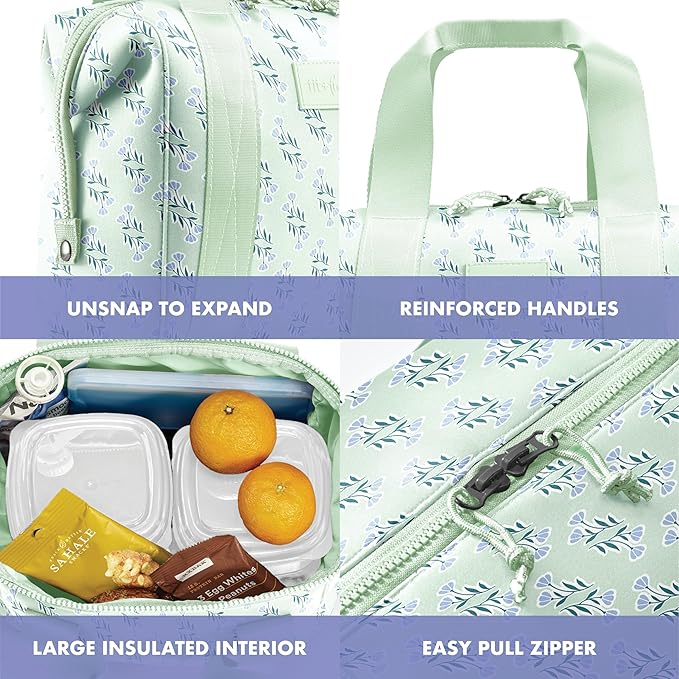 Fit & Fresh Remi Lunch Bag for Women Work – Neoprene Lunch Tote with Containers & Ice Pack, Reusable Meal Prep Lunch Box, Large Capacity, Machine Washable, Sage Flower