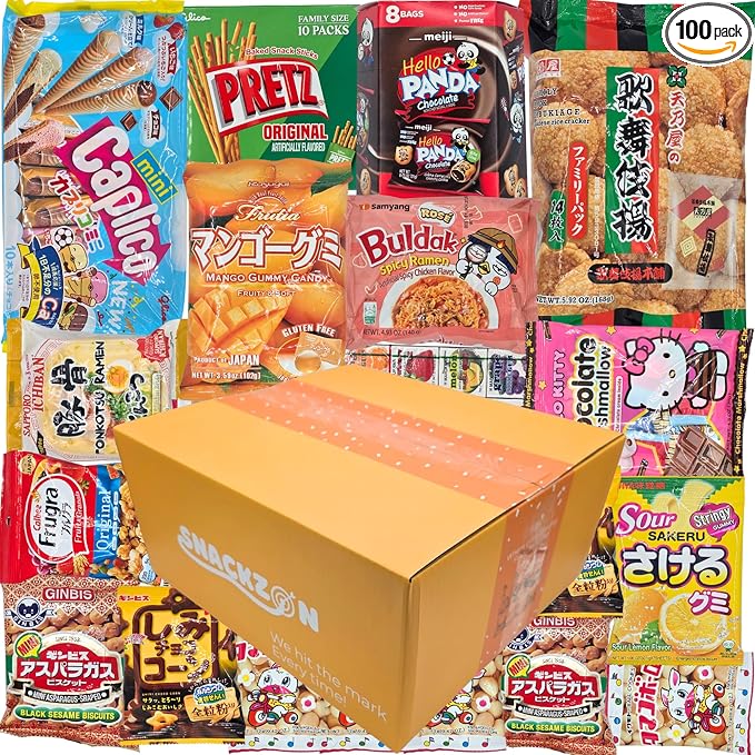 SNACKZON – Mega Variety Pack of Japanese & Korean Treats, Chips, Ramen, Candy & Cookies – Ultimate Gift Care Package for College Students, Office, & Family