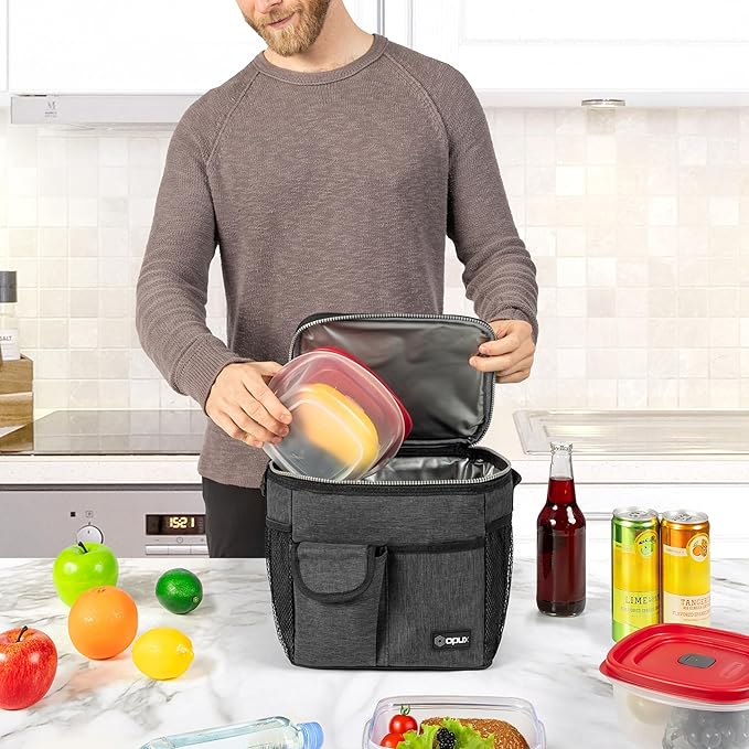 opux Insulated Lunch Box for Men Women Kids, Leakproof Reusable Lunch Bag Cooler for Work School Office, Soft Thermal Lunchbox Tote Shoulder Strap for Boys Girls Adults, Heather Charcoal, 18 Can/10L