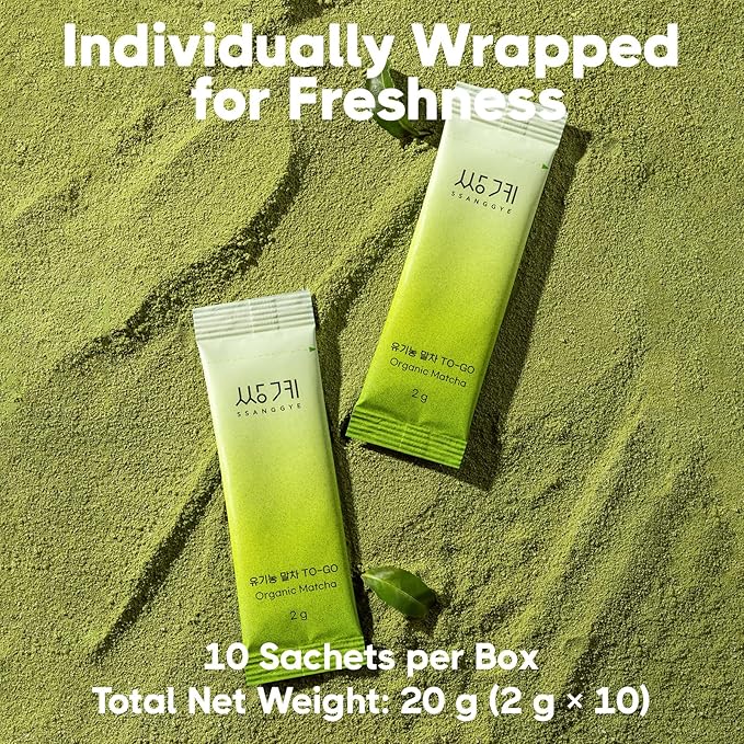 Ssanggye Matcha TO-GO | 2g x 10 Stick (total 0.7oz) | Ceremonial Grade Korean Matcha Powder from Jeju Island | Single Serve Sachets for On-The-Go | Green Tea Latte Cold Hot Daily Drink Individual Tea Packets