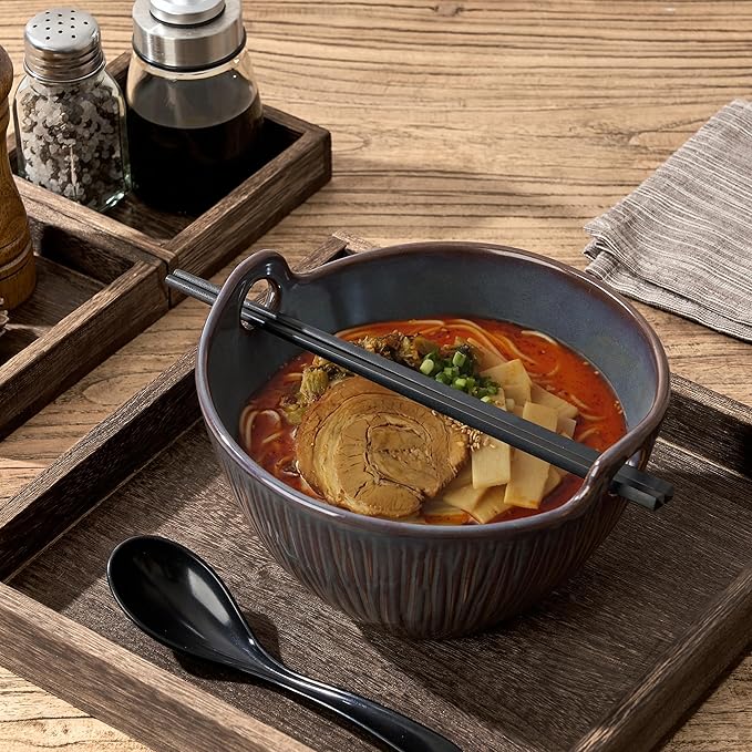 Ramen Bowl with Chopsticks and Spoons Set, 7 Inch Ceramic Noodle Bowl Set of 2, Dishwasher Safe for Pho Udon Soba Noodle Salad Pasta, Special Reactive Glazed Bowls Set, Amethyst Veil