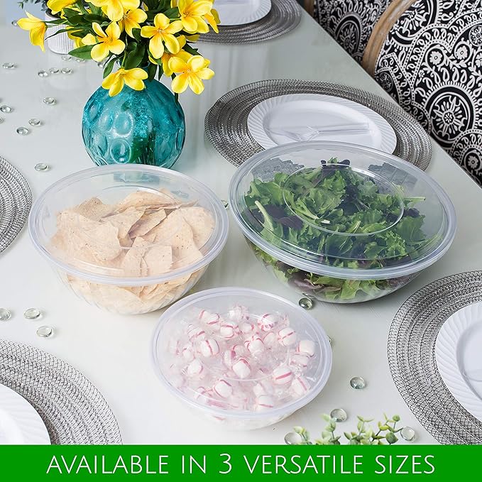PLASTICPRO Disposable 150 Ounce Round Crystal Clear Plastic Serving Bowls, With Lids Party Snack or Salad Bowl, Chip Bowls, Snack Bowls, Candy Dish, Salad Container Pack of 8 Dough Rising Bowls