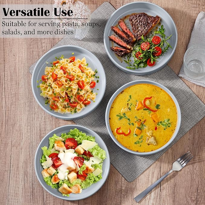 E-far Pasta Bowls Set of 4, 35oz Ceramic Large Salad Bowl Plates for Serving Soup Dinner, Shallow Stoneware Pasta Plate, Microwave & Dishwasher Safe, Speckled Gray
