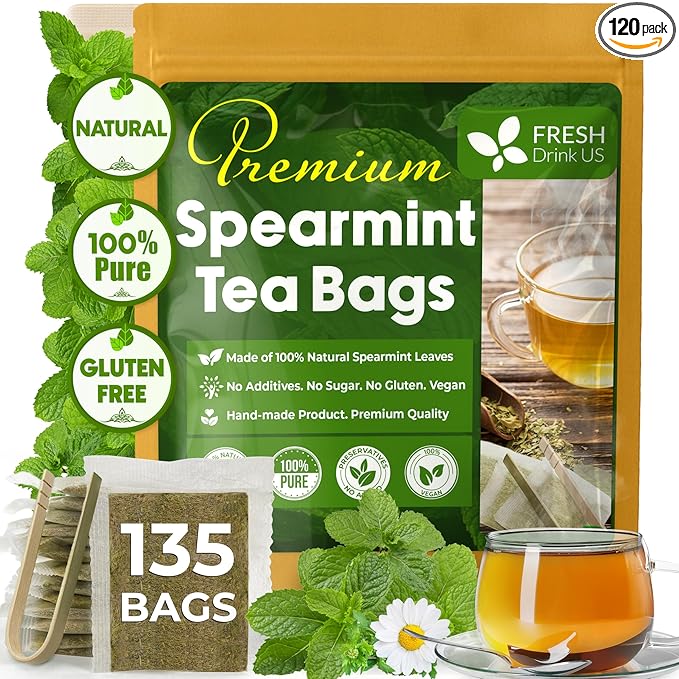 FreshDrinkUS, Premium 135 Spearmint Tea Bags, 100% Natural & Pure from Spearmint Leaves. Loose Leaf Spearmint Herbal Tea. Made with Natural Material Tea Bags. No Sugar, No Caffeine, No Gluten, Vegan.