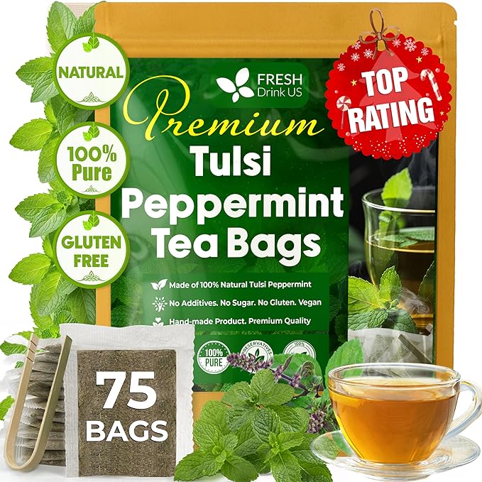 FreshDrinkUS, Premium Tulsi Peppermint Herbal Tea – 75 Tea Bags, 100% Natural, Blend of Tulsi Holy Basil Leaves, and Peppermint Leaves. Made with Natural Material Tea Bags. No Sugar, Vegan.
