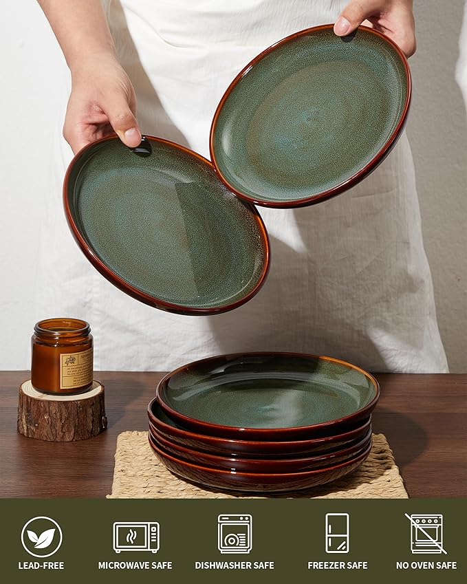 Pokini Stoneware Dessert Pates 8 Inch, Microwave Safe Plates, Reactive Glaze Small Dinner Plate, Scratch Resistant and Dishwasher Safe, Brown Green