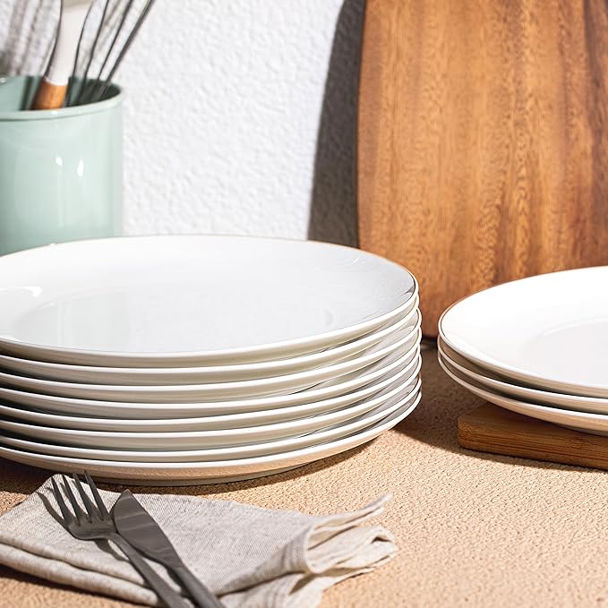 BTaT- White Porcelain Dinner Plates, Set of 12, 10.5" Gold Rimmed, Classic Style, Formal Dining