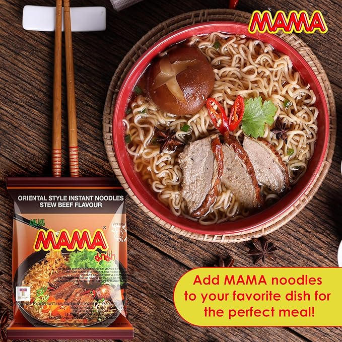 MAMA Noodles Beef Stew Instant Spicy Noodles w/Delicious Thai Flavors, Hot & Spicy Noodles, No Trans Fat w/Fewer Calories Than Deep Fried Noodles 30 Pack