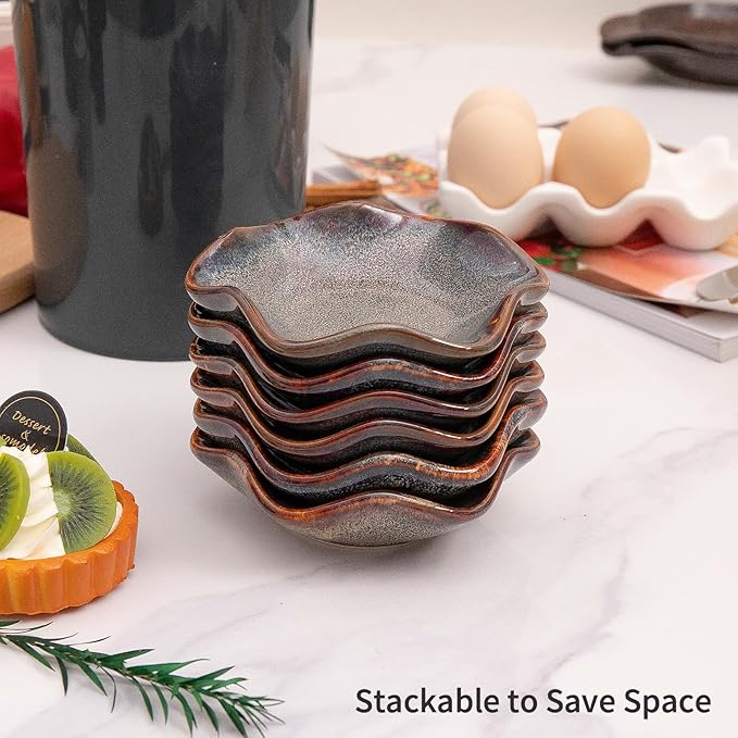 Set of 6 3.9 inch Ceramic Deep Soy Sauce Dipping Bowls Dishes,2.1 oz Small Sauce cups for Condiment Sushi Bowl, Mini Bowl for Side Dish, Ketchup, Soy Appetizer Plates (Caramel Brown)