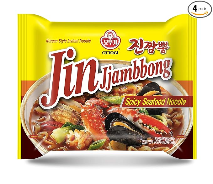 OTTOGI JIN Jjambbong Korean Instant Ramen – Spicy Seafood Noodles, Red Broth, 4.58 oz (Pack of 4)