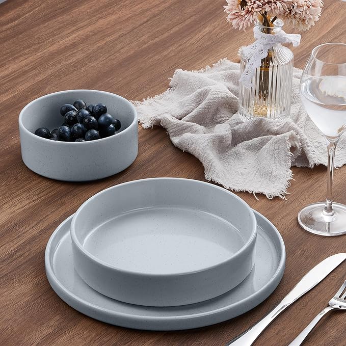 E-far Pasta Bowls Set of 4, 35oz Ceramic Large Salad Bowl Plates for Serving Soup Dinner, Shallow Stoneware Pasta Plate, Microwave & Dishwasher Safe, Speckled Gray