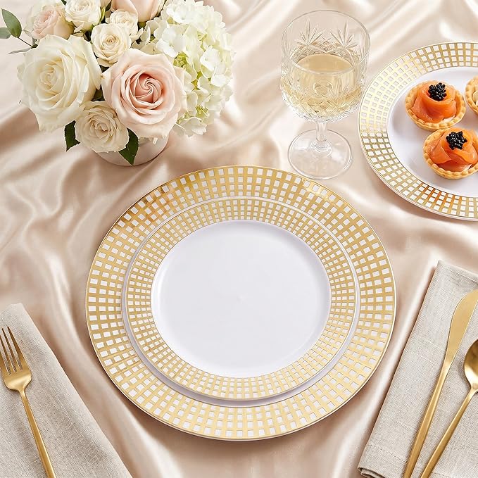 Fijinhom 100PCS Heavy Duty Gold Plastic Plates for 50 Guests, for Party, Wedding, Birthday, Dinnerware Set of 50PCS 10" Dinner Plates & 50PCS 7.5" (Gold)