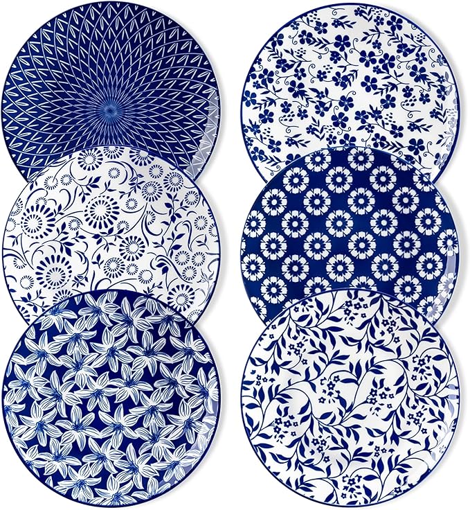 vancasso Ceramic Salad Plates Set of 6, Small Vintage 8.25 Inch Plate Set of 6 for Kitchen, Porcelain Blue and White Dessert Plates for Kitchen, Microwave Oven Dishwasher Safe, Vintage Gift