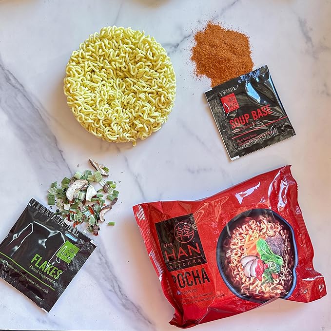 The Han Kitchen Pocha Ramyun, Pack of 4 (118g Each) – Korean Instant Ramen with Thick Chewy Noodles, Spicy Savory Broth – Seoul Pocha Street Style – Ready in 5 Minutes, Spicy