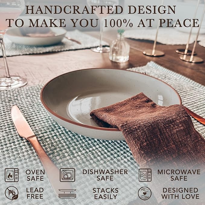 Mora Ceramic Large Pasta Bowls 30oz, Set of 4 - Serving, Salad, Dinner, etc Plate/Wide Bowl - Microwave, Oven, Dishwasher Safe Kitchen Dinnerware - Modern Porcelain Stoneware Dishes, Vanilla & Grey