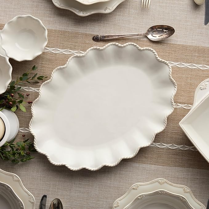 Heritage Scroll Large Oval Platter – 16" x 12" Ivory Stoneware Serving Tray with Sculpted Rim – Elegant Dinner, Holiday & Entertaining Serveware by Certified International