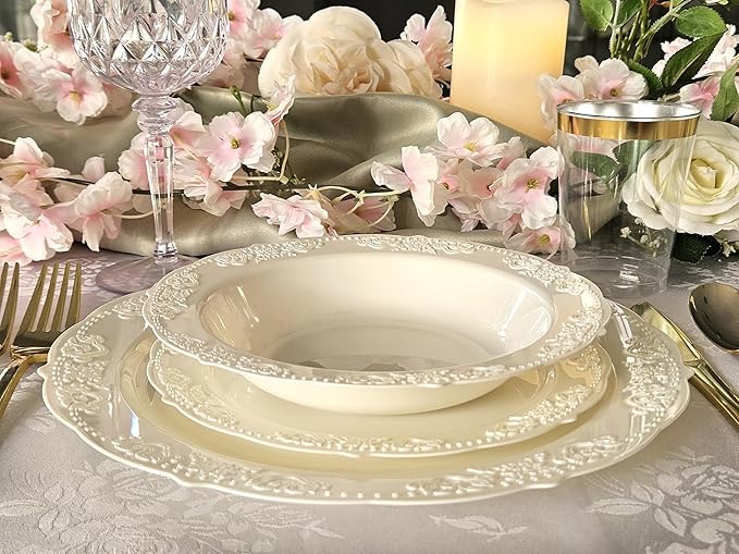 " OCCASIONS " 240 Plates Pack,(120 Guests) Vintage Wedding Party Disposable Plastic Plates Set-120x10.25'' Dinner +120x7.5'' Salad/Dessert Plate (Portofino Light Pink/Blush & Gold)