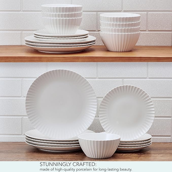 Pfaltzgraff Fluted Grace 24 Piece Porcelain Plate and Bowl Dinnerware Set, Service for 8, Fluted Design, Durable for Everyday Use, White