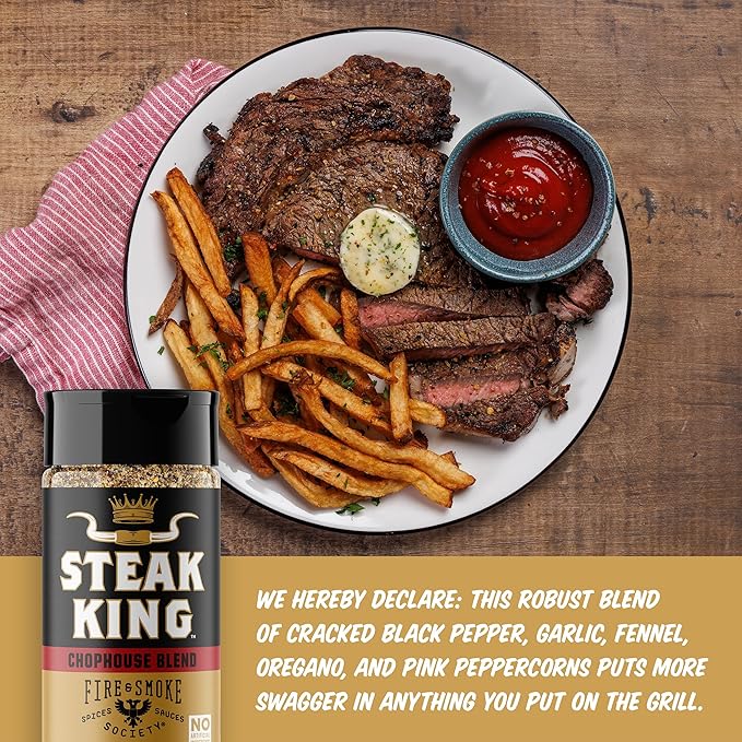 Fire & Smoke Society Steak King Steak Seasoning | BBQ Rubs for Smoking and Grilling Meat | Filet Mignon, Ribeye, Beef, Lamb and Burgers | BBQ Rubs and Spices | Black pepper, Fennel, Oregano, Pink Peppercorns | 6.2 oz