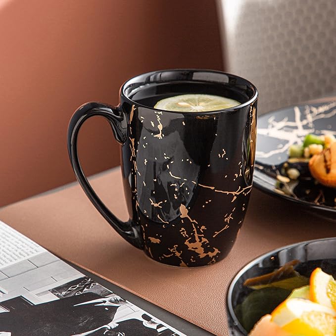 LOVECASA Black Plates and Bowls Sets for 4, Porcelain Dinnerware Sets 16 Piece Gold Splash Glaze Ceramic Dish Set, Round Dinner Set with Mugs, Dishwasher Microwave Safe