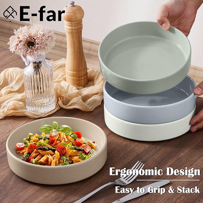 E-far Pasta Bowls Set of 4, 35oz Ceramic Large Salad Bowl Plates for Serving Soup Dinner, Shallow Stoneware Pasta Plate, Microwave & Dishwasher Safe, Speckled Multicolor