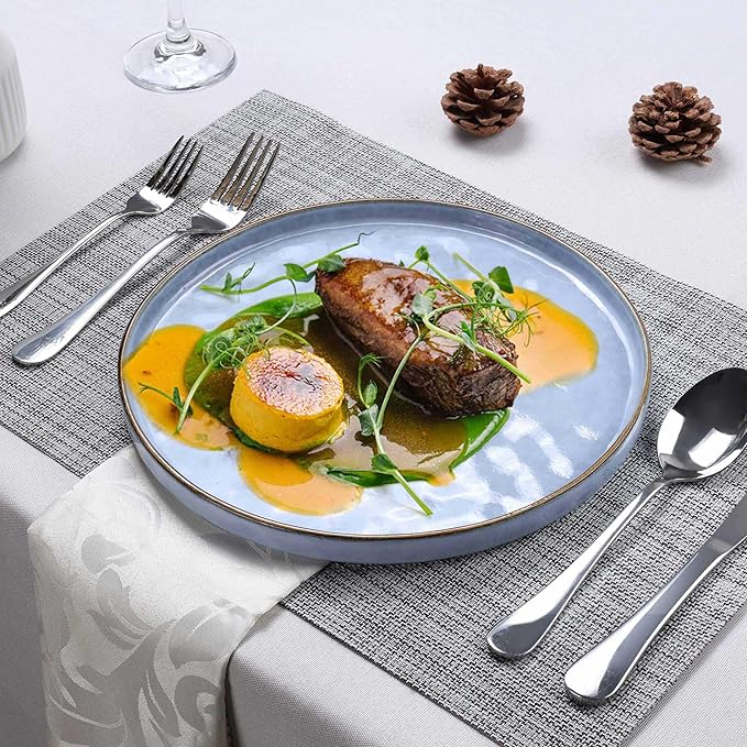 LIANYU Ceramic Dinner Plates Set for 4, 10.2In Porcelain Kitchen Salad Dessert Serving Dishes Set, Modern Round Stoneware Dinnerware Appetizer Plates, Scratch Resistant & Microwavable, Serenity Blue