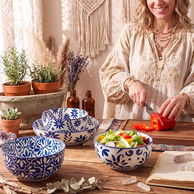 Cereal Bowls, 28 Ounce Ceramic Soup Bowls Set of 6, Bowl Set for Rice Salad Fruit Dessert Oatmeal Snack Ice Cream,Microwave & Dishwasher Safe, Bohemian Blue & White