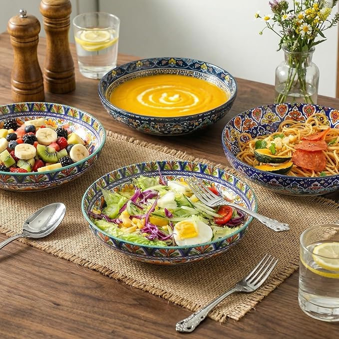 glowworm Pasta Bowls Set of 4, 42 oz Ceramic Salad Bowls for Kitchen, 9.7 Inch Colorful Serving Bowls for Soup, Dinner, Fruit, Dishwasher & Microwave Safe, Bohemian