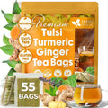 FreshDrinkUS, Premium 55 Tulsi Turmeric Ginger Tea Bags, 100% Natural & Pure from Tulsi Holy Basil Leaves, Turmeric and Ginger. Made with Natural Material Tea Bags. No Sugar, No Caffeine, Vegan.