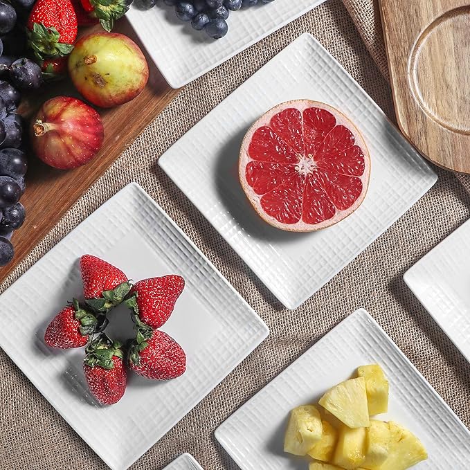 Square Dinner Plates, Set of 6, 6 Inch White Ceramic, Embossed Crisscross, Safe for Dishwasher, Microwave and Oven